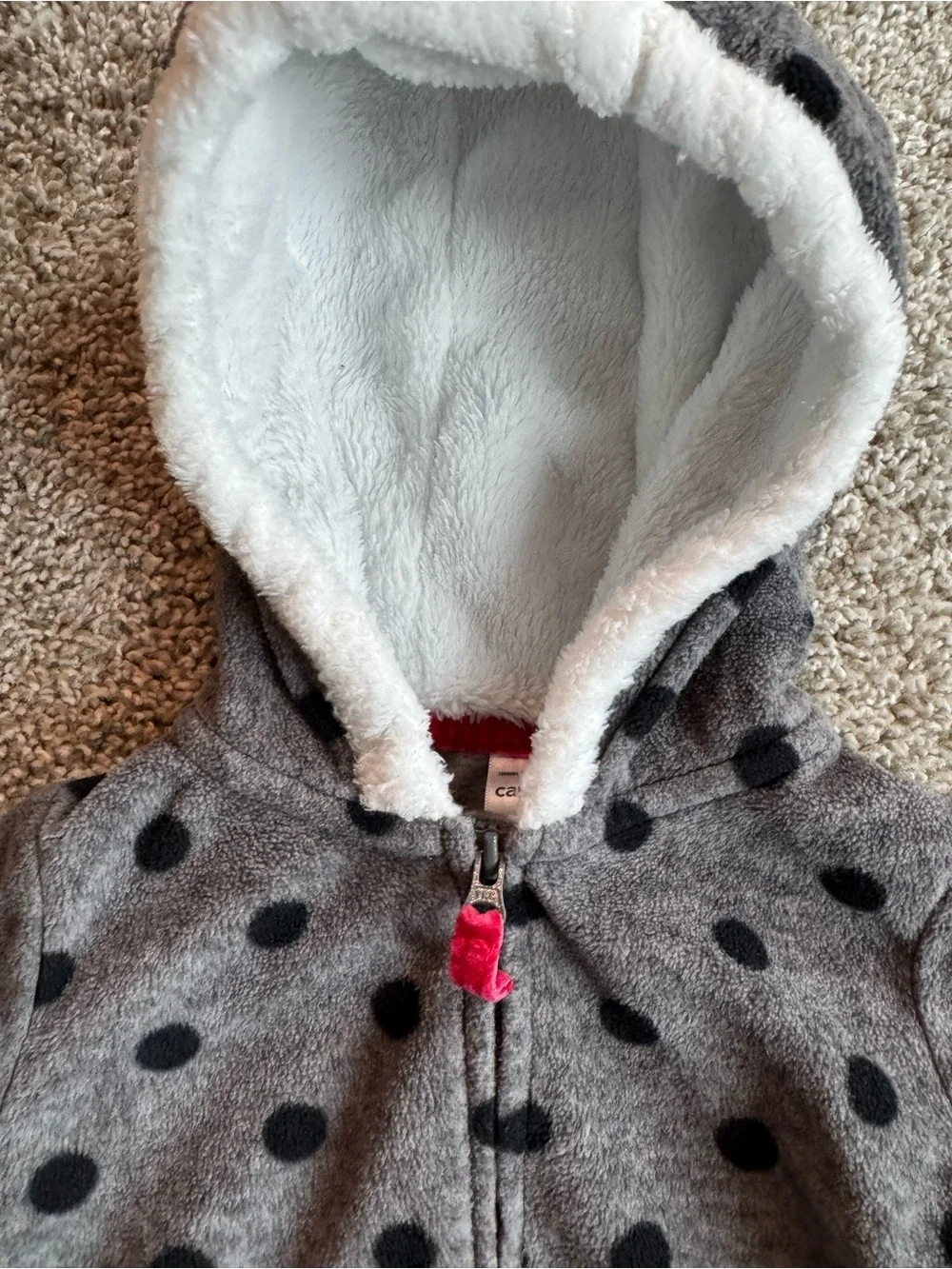 Carter’s Baby Fleece One Piece Size 9M Gray Polka Dot Hooded Zip Romper